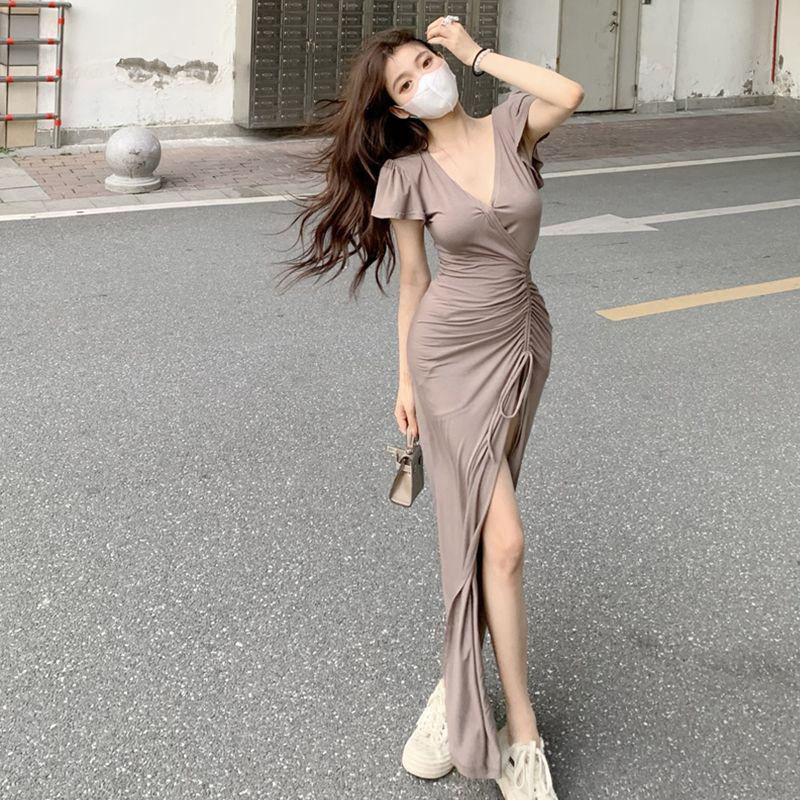 dress floral korea Rok Belah Samping Gaya Perancis Wanita Seperti Wanita DewasavGaun Panjang Seksi B