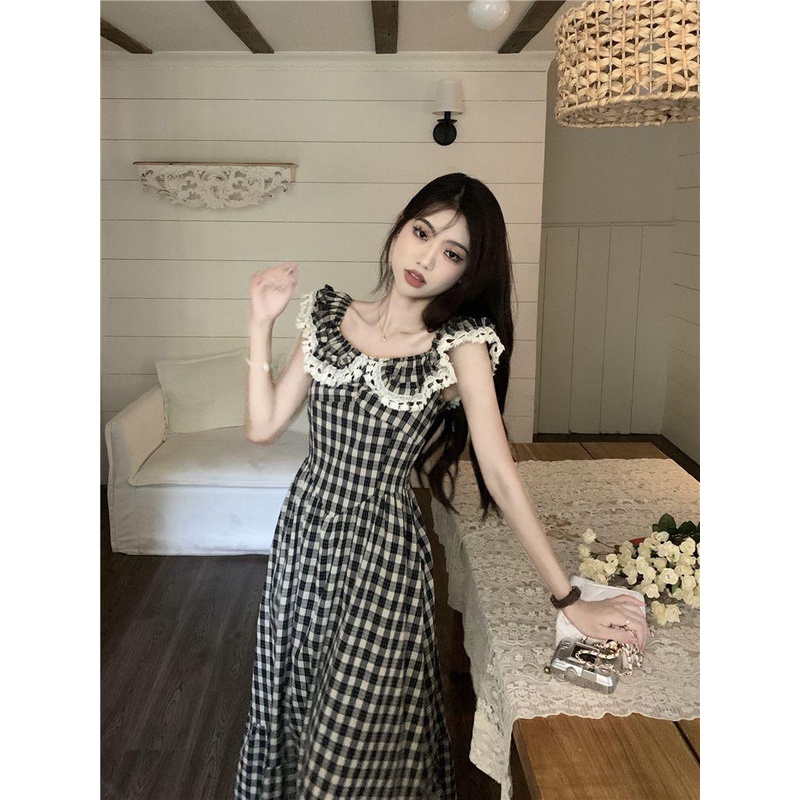 dress floral korea Gaun Renda Gaya Hepburn Musim Panas2023Gaun Lipit Kontrol Pinggang Retro