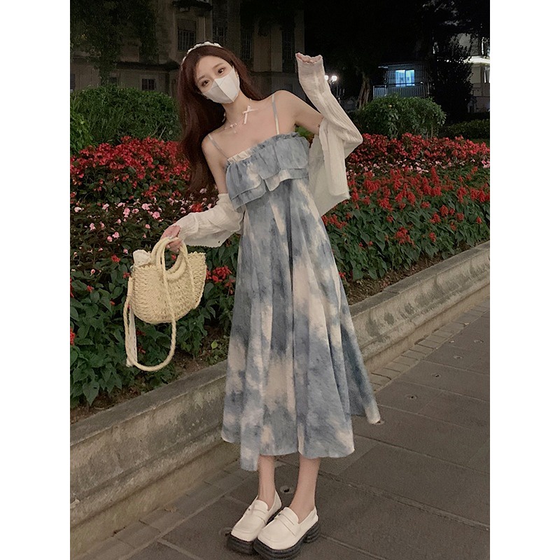 Red Desain rasa tinta smudger suspender dress wanita musim panas 2023 baru mid-panjang mengacak-acak pinggang rok a-line