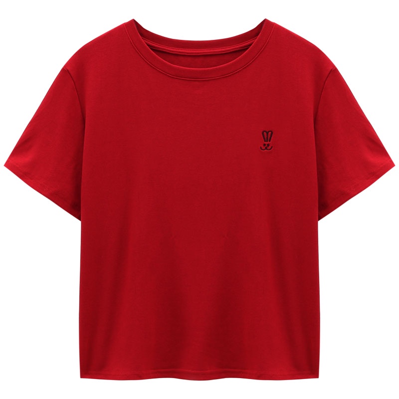 Red Sederhana Bordir Lengan Pendek Bahu Lengan Pendek T-shirt Wanita Musim Panas 2023 Baru Longgar dan Serbaguna Leher Bulat Ramping top Ins