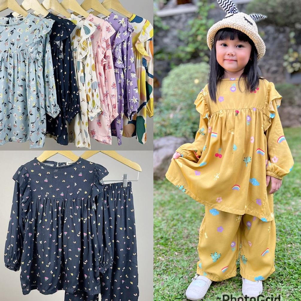 Smilee Eliza Set 1-5 Tahun Lucuna Setelan Panjang Ruffle Rayon Lebaran / Tunik Set Raya / Pakaian Mu