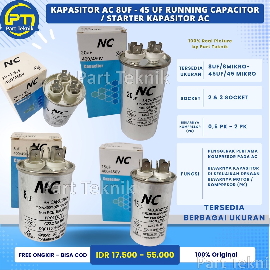 KAPASITOR AC 8UF - 45 UF RUNNING CAPACITOR / STARTER KAPASITOR AC