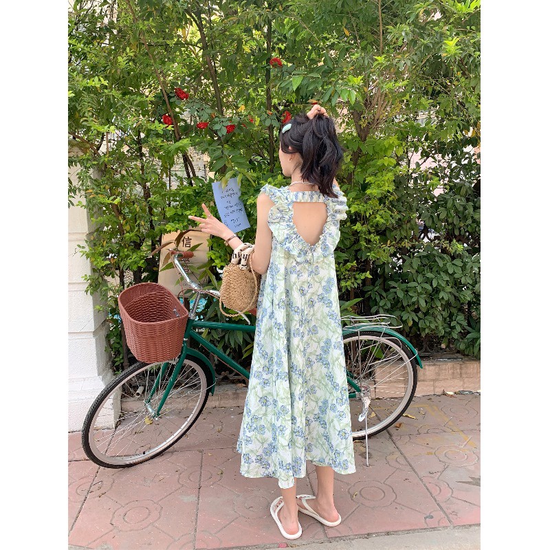 ●▨▽dress summer beach back hollow floral dress women s summer sweet style loose slim vest skirt mid-length skirt