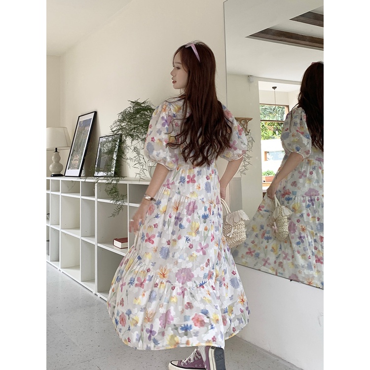 ₪dress summer beach sweet floral skirt round neck puff sleeve dress women s summer design sense mid-length A-line skirt