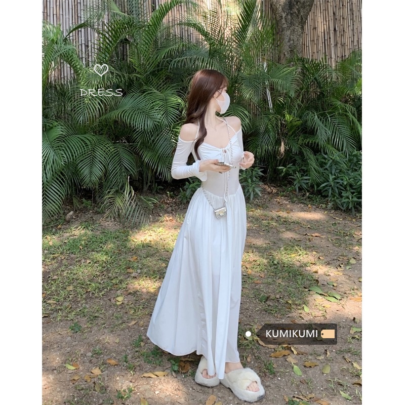 ✑♙Gaun Musim Panas Pantai Bahasa Perancis Satu Bahu Menggantung Leher Suspender Gaun Desain Niche Rasa Musim Panas Wanita Pinggang Pelangsing Peri Rok rok Panjang