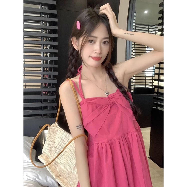 ♦❖gaun musim panas pantai busur merah muda gaun selempang wanita musim panas desain longgar kasual rok A-line rok pendek