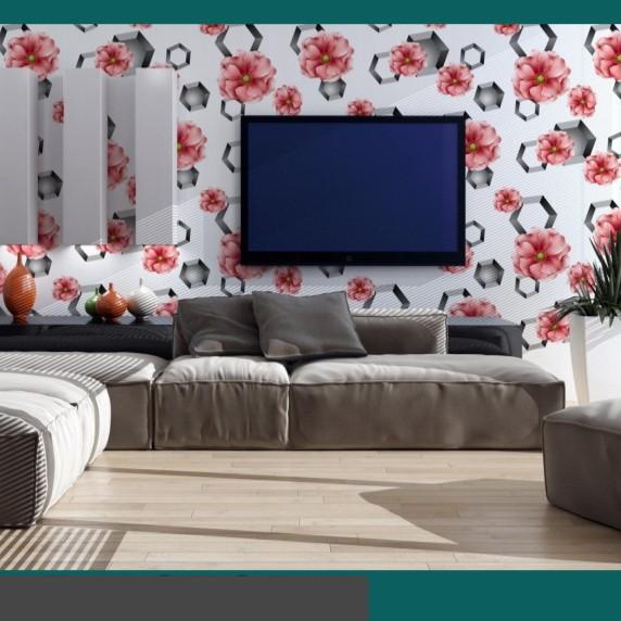 Terlaris Yoon Wallpaper Dinding 3D Bunga Hexagonal Hitam Putih Pink