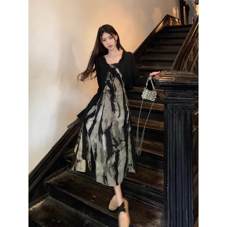 ♀✸dress summer beach ink printing retro national style temperamen sling dress women s spring and summer tie sunscreen cardigan suit