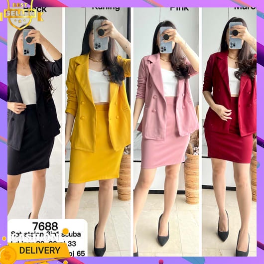 Setelan Blazer Wanita 1 Set Jumbo  Terbaru Kemeja 2In1 Rompi Atasan Kantoran Lengan Panjang Ootd Cro