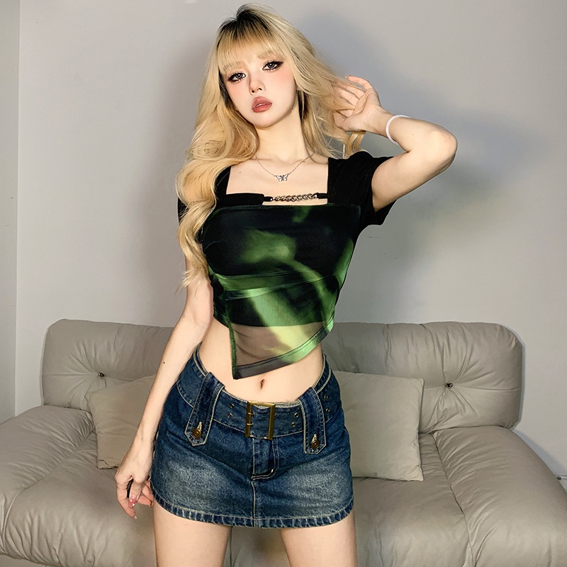 ∋◘cropped top punk street retro hot girl style chic smudge printing design sense slim fit T-shirt female tide #COD