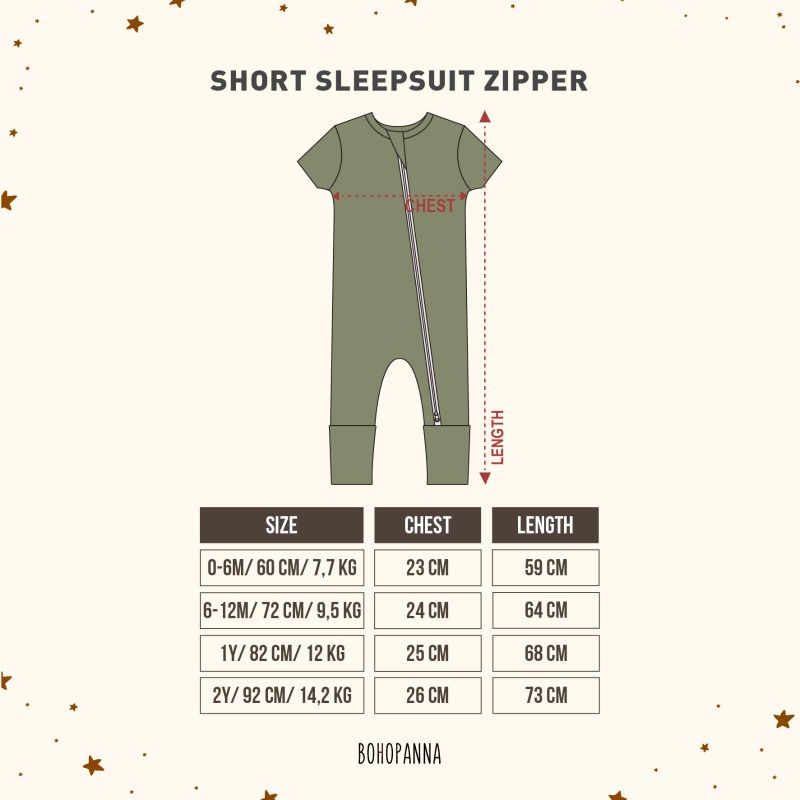 Short Sleepsuit zipper Bohopanna B48 / Sleepsuit Bayi Unisex / Sleepsuit Bayi Polos Katun / Baju Tidur Bayi Unisex Bohopanna