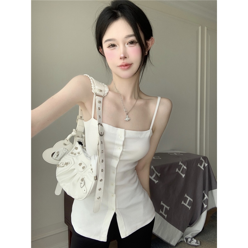 ▥❏℗cropped top single-breasted rasa desain kardigan rompi tali keinginan murni kemeja bottoming musim panas hot girl slim tops outerwear retro #COD