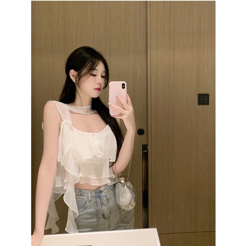 ☾✹cropped top Lembut kasa jaring tepi jamur musim semi dan musim panas rompi tanpa lengan yang chic dengan tali anti-ringan ramping top wanita halter leher kemeja bottoming #COD