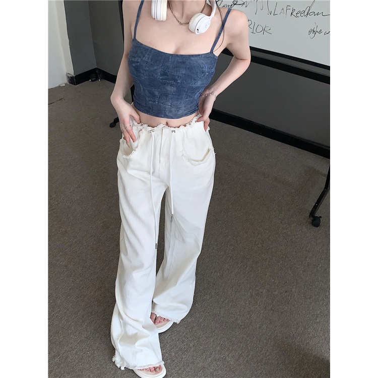 ✷♧cropped top musim panas setelan kasual celana pinggang tinggi celana lebar kaki celana pelangsing Amerika cetak baru kamisol top wanita #COD