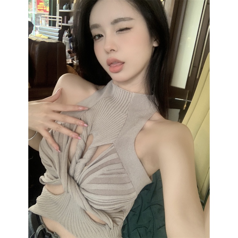 ▩✾cropped top berongga warna solid tanpa lengan babes musim semi dan musim panas twisted bottoming anti-skid top kamisol pendek slim fit wanita #COD