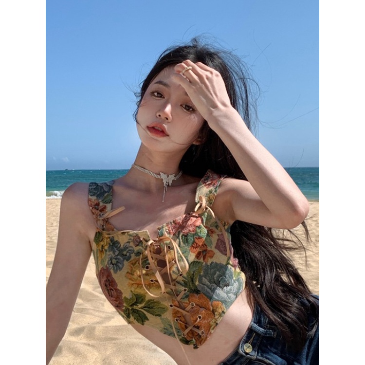 №✼cropped top wanita keinginan murni rompi angin musim panas wanita tali seksi keinginan murni Eropa dan Amerika keinginan murni membudidayakan diri atasan kamisol bunga punggung indah #COD