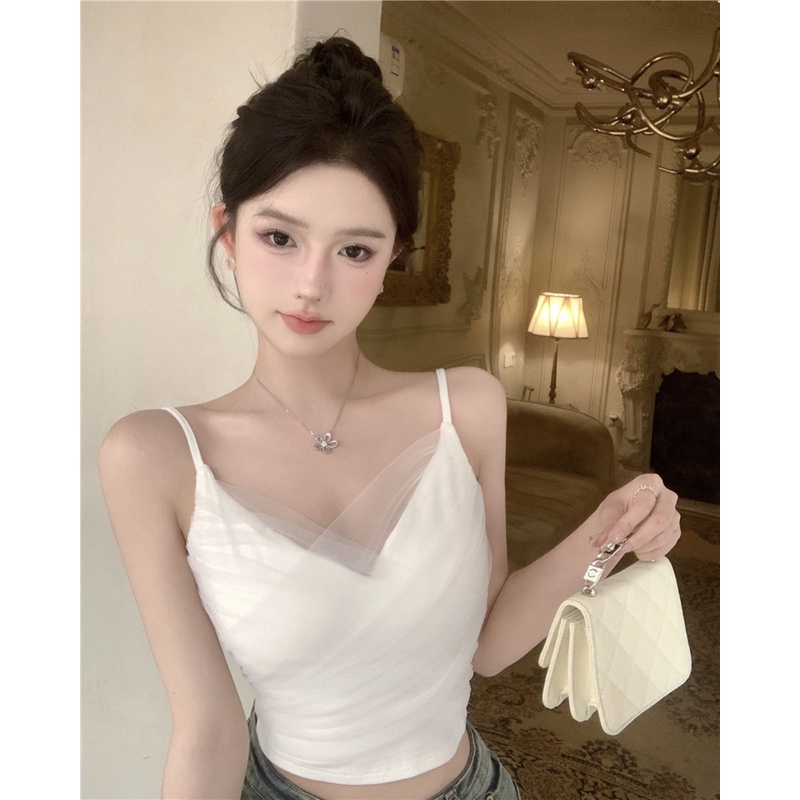 ✧cropped top musim panas mesh splicing desain wanita rompi kamisol hot gadis pendek gaya keinginan murni slim top top top bottoming shirt #COD