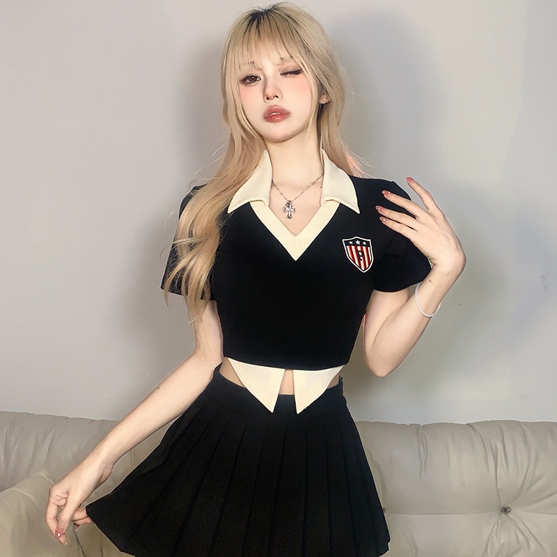 ☊❦cropped top retro pengurangan usia gaya perguruan tinggi penyambungan warna kontras tidak teratur palsu dua potong POLO kerah tipis T-shirt wanita musim panas #COD