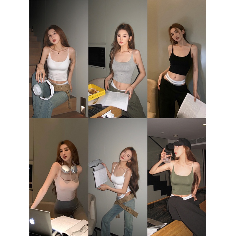 ☒cropped top niche bottoming black pure desire angin ramping pendek tanpa lengan kamisol dalam wanita pakaian luar gaya Korea top musim panas #COD