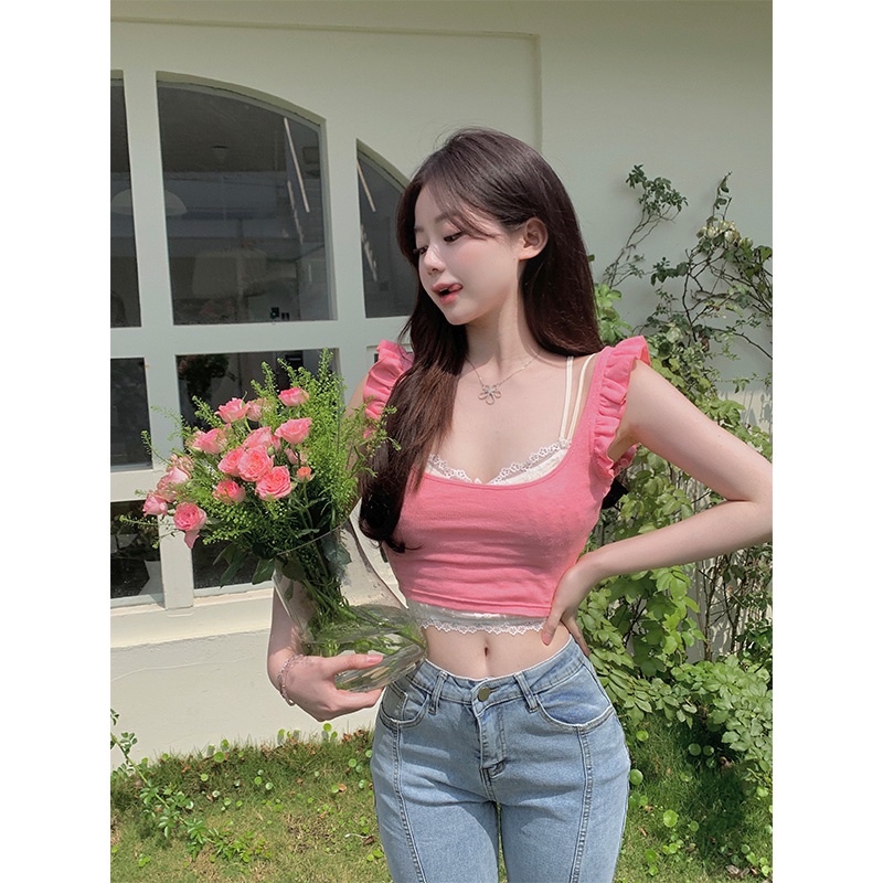 ✧△♤Cropped top pelangsing dengan bantalan dada dan lengan terbang kecil dengan setelan musim panas kamisol renda top wanita pakaian luar gaya keinginan murni #COD