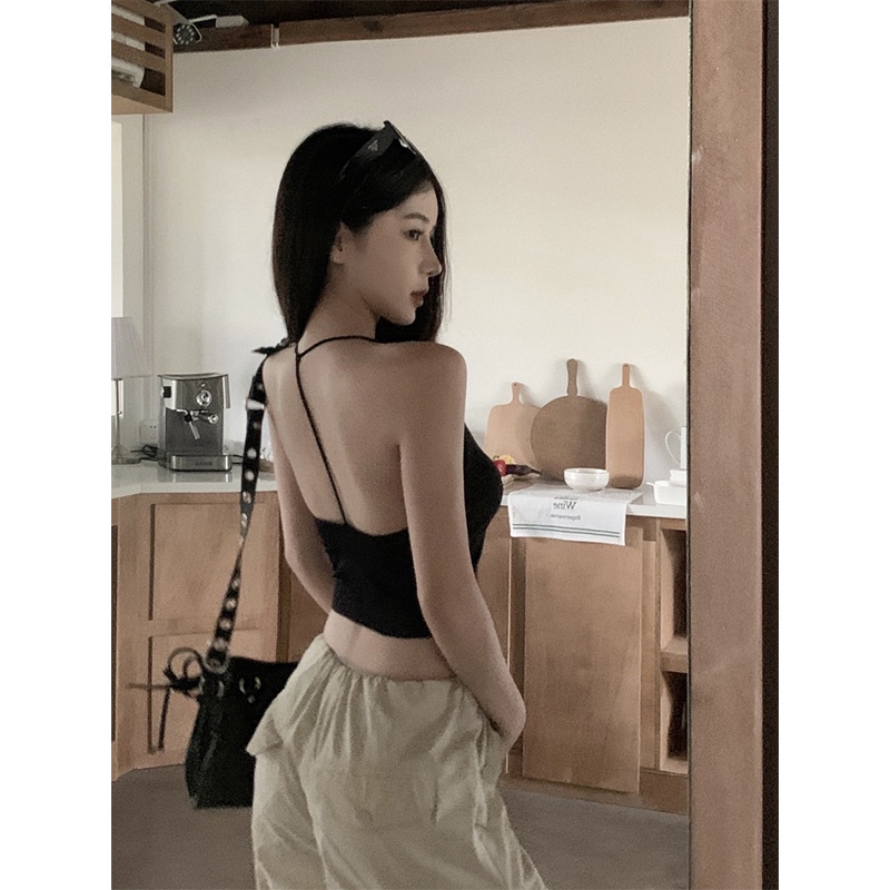 ▫♨⊕cropped top hitam halterneck kamisol wanita tanpa lengan babes dengan bantalan dada halter top musim panas kemeja bottoming gaya keinginan murni dengan pusar terbuka #COD