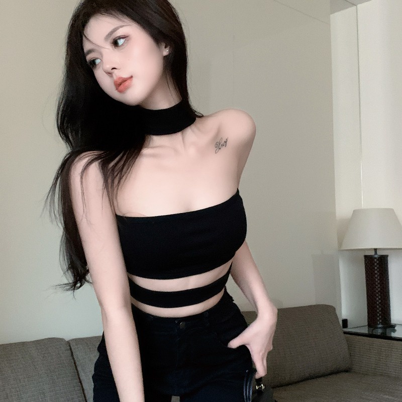 ✲♠cropped top manis dan pedas licik halter neck tube top pakaian luar gadis panas dalam hitam tanpa tali kamisol wanita musim panas seksi top #COD