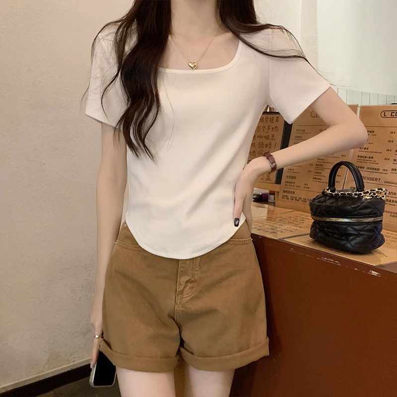 ♛₪✶Suhao kaos import wanita kaos wanita gaya korea lengan pendek kaos pendek perempuan square neck short-sleeved T-shirt wanita musim panas gaya luar negeri elastis slim slim slim curve hem short shoulder collarbone top