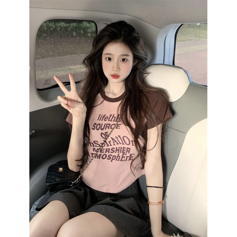 ﺴ♘Suhao kaos import wanita kaos wanita gaya korea lengan pendek kaos pendek perempuan American retro contrast color raglan shoulder short-sleeve t-shirt female summer hot girl slim short irregular top cotton t-shirt