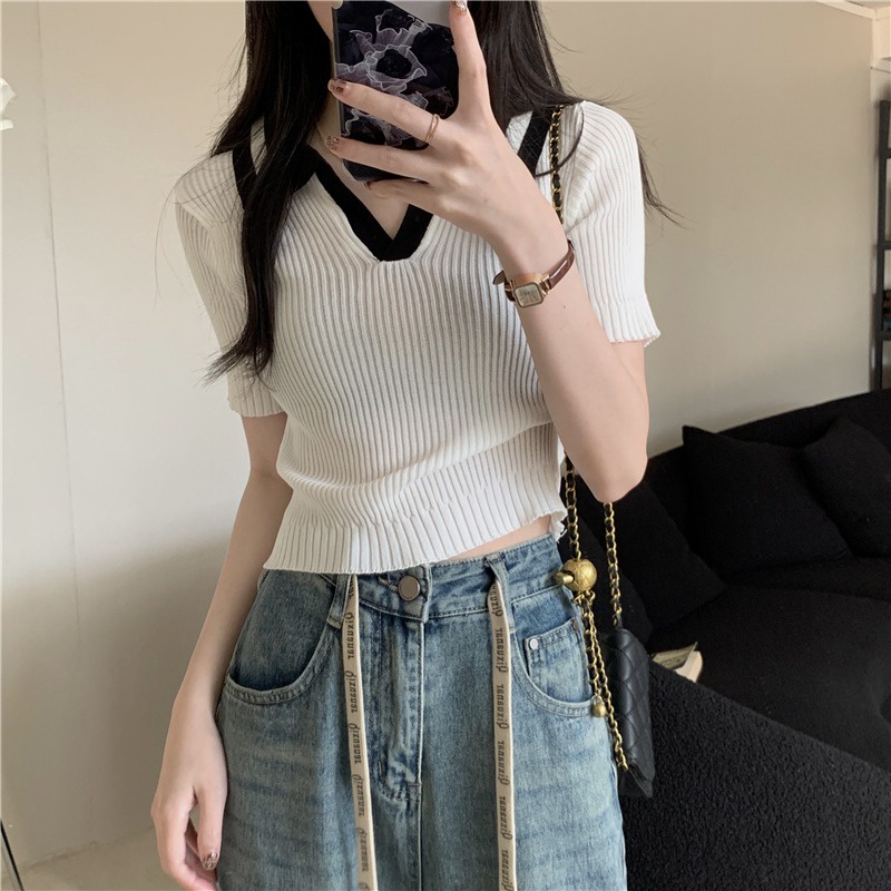 Suhao polo shirt slim fit American knitted short-sleeve women s t-shirt summer sweet and spicy design short top kaos import wanita kaos wanita gaya korea lengan pendek kaos pendek perempuan