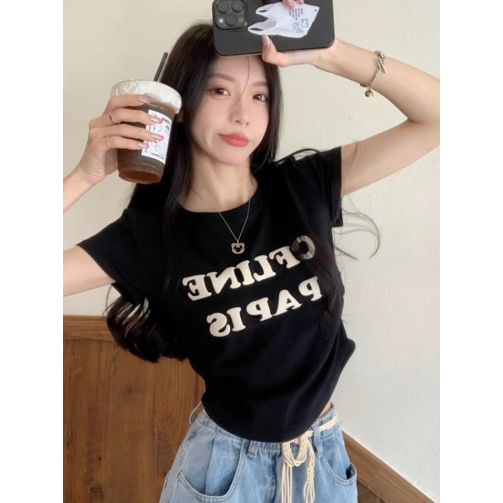 Suhao American style pink printed front shoulder short-sleeve t-shirt women s summer irregular design feeling niche slim slim top kaos import wanita kaos wanita gaya korea lengan pendek kaos pendek perempuan