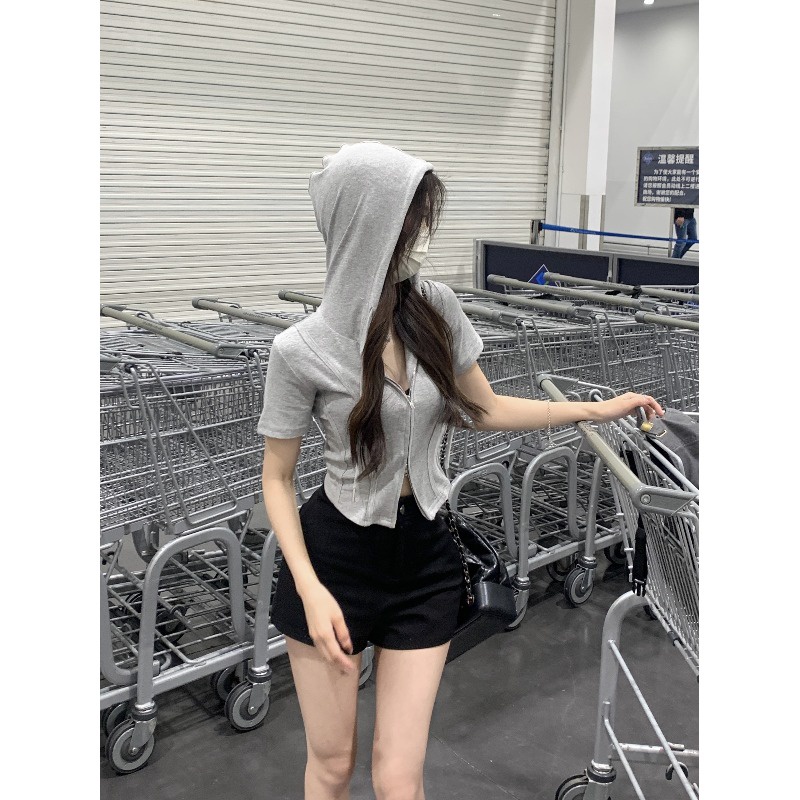 Suhao Pure Desired Grey Hooded Short-Sleeved T-shirt Women s Summer Slim Fishbone Zipper Top Irregular Short T-shirt Kaos Import Wanita Kaos Wanita Gaya Korea Lengan Pendek Kaos Pendek Perempuan