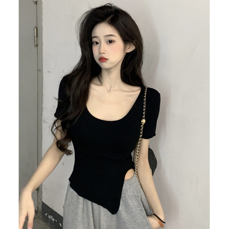 Suhao regular slit u-neck white front shoulder short-sleeve t-shirt women s summer sexy hot girl slim fit and thin short high waist top kaos import wanita kaos wanita korean style lengan pendek kaos pendek perempuan