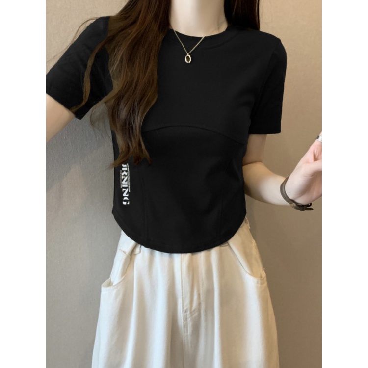 Suhao Small front shoulder T-shirt short-sleeve women s summer 2023 new cotton all-match slim irregular short top kaos import wanita kaos wanita Korean style lengan pendek kaos pendek perempuan