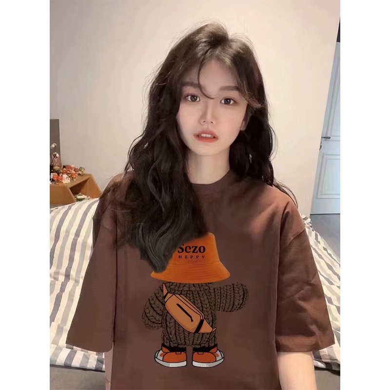 Suhao brown bear t-shirt lengan pendek wanita musim panas pasang merek longgar oversize setengah lengan gaya Hong Kong chic top berat katun kaos impor wanita kaos wanita gaya korea lengan pendek kaos pendek perempuan