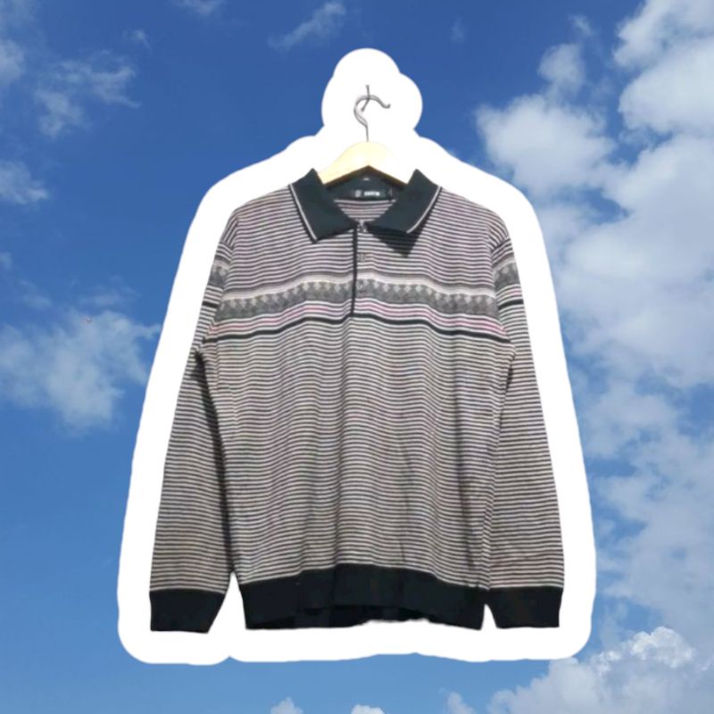 CEK DESKRIPSI | Kaos kerah rajut lengan panjang motif Vintage salur |