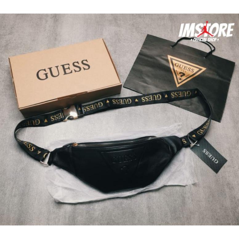 Terbaru Waist Bag Guess Balck Gold Full Set/ Waistbag Pria Guess Leather Gold Tas Pinggang Pria Dan 