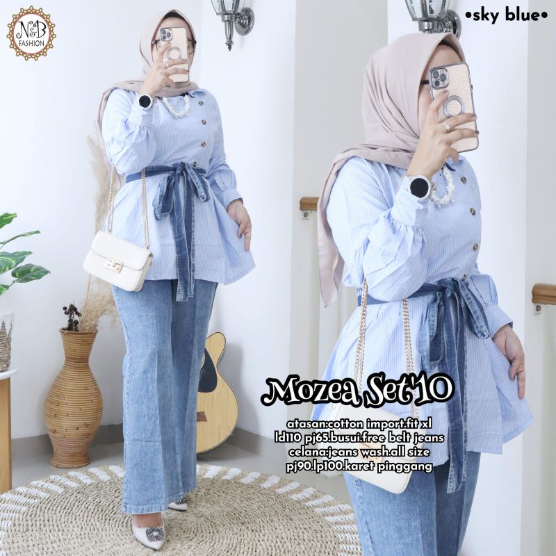 MOSEA SET SETELAN  ORI BY N&amp;B CELANA DAN ATASAN WANITA BAHAN JEANS COMBI KATUN TERLARIS  LENGAN PANJANG BUSUI FRIENDLY