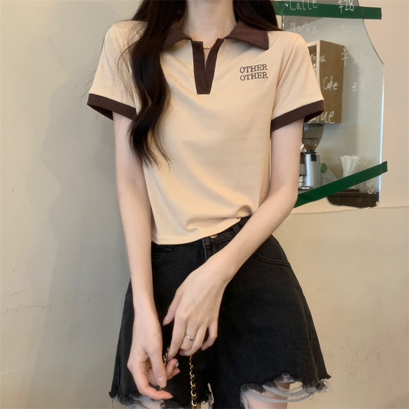 ▨❏Suhao kaos import wanita kaos wanita gaya korea lengan pendek kaos pendek perempuan korea retro bahu depan POLO kemeja desain rasa pencocokan warna V-neck lengan pendek T-shirt wanita kuliah gaya huruf mengurangi usia kecil top