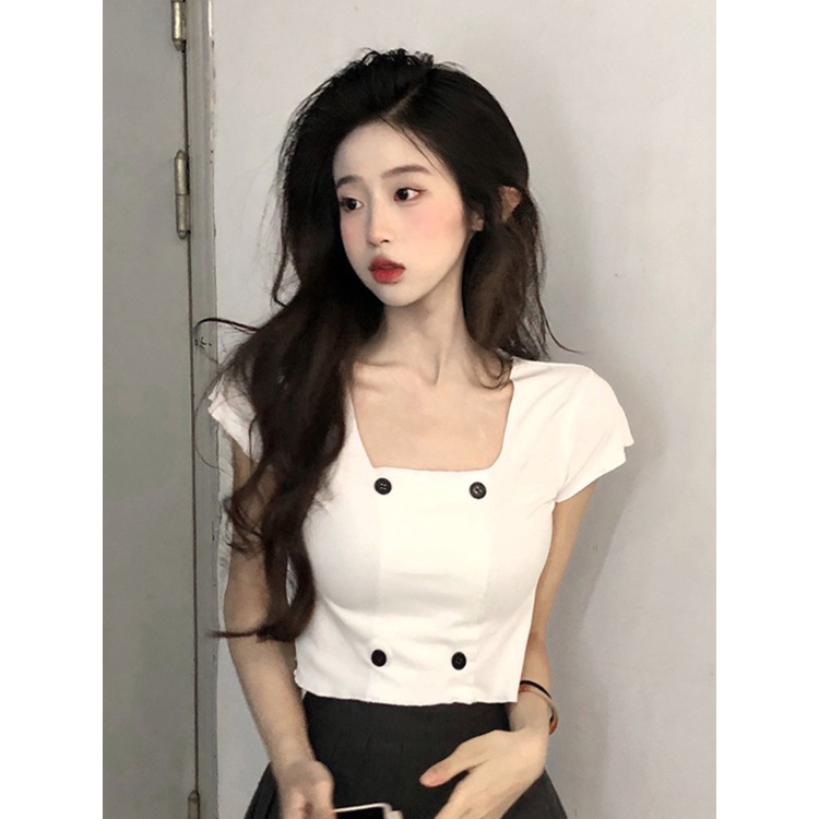 Suhao gaya keinginan murni hot girl square collar short-sleeve t-shirt women s summer new 2023 front shoulder slim fit and thin short temperament top kaos import wanita kaos wanita gaya korea lengan pendek kaos pendek perempuan