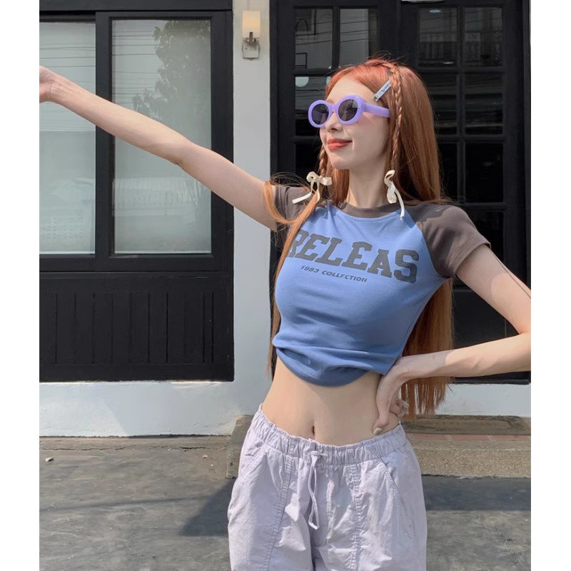 Suhao American Retro Jahitan Raglan Lengan Pendek T-shirt Wanita Musim Panas Gadis Seksi Katun Murni Slim Fit Crop Top Kaos Import Wanita Kaos Wanita Gaya Korea Lengan Pendek Kaos Pendek Perempuan