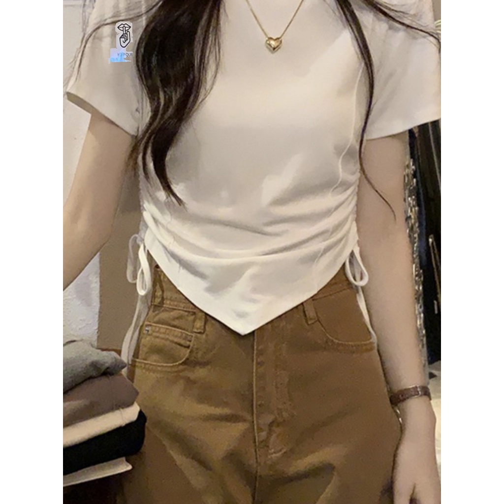 Suhao tidak beraturan gaya Amerika bahu depan t-shirt lengan pendek wanita musim panas gaya manis dan pedas pinggang serut ketat tulang ikan atasan pendek in kaos impor wanita kaos wanita gaya korea lengan pendek kaos pendek perempuan