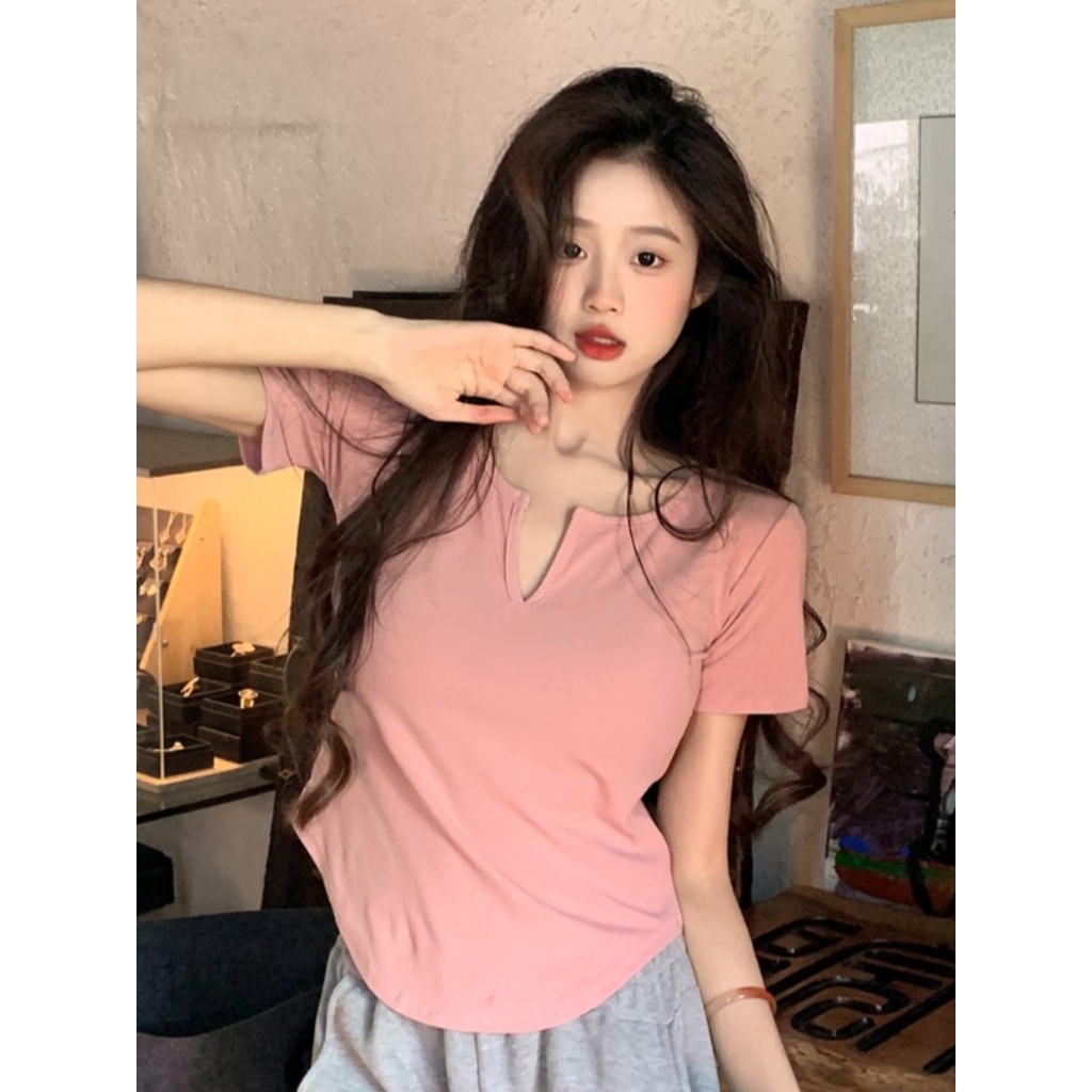 Suhao pink v-neck bahu depan lengan pendek T-shirt wanita musim panas gaya keinginan murni slim fit sexy irregular short sweet spicy top kaos import wanita kaos wanita gaya korea lengan pendek kaos pendek perempuan