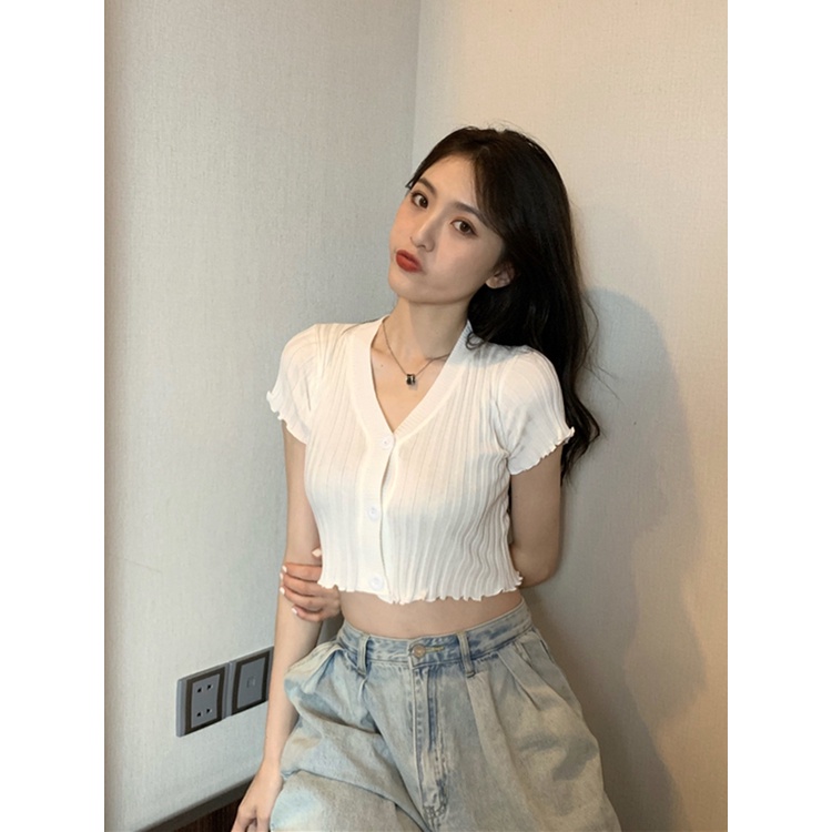 Suhao v-neck knitted cardigan short-sleeved t-shirt women s summer tide short section self-cultivation 2023 new sexy high waist top with navel expose kaos import wanita kaos wanita korean style lengan pendek kaos pendek perempuan