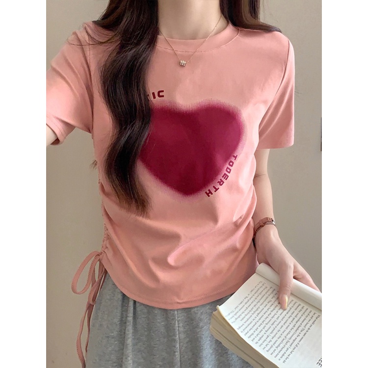 Suhao letter print pink front shoulder t-shirt female design sense niche summer drawstring short section slim cotton short-sleeve top kaos import wanita kaos wanita gaya korea lengan pendek kaos pendek perempuan