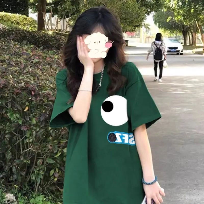 Suhao hijau tua dicetak t-shirt lengan pendek wanita desain musim panas perasaan ceruk longgar dan tipis gaya Amerika bahu depan setengah lengan atas in kaos impor wanita kaos wanita gaya korea lengan pendek kaos pendek perempuan