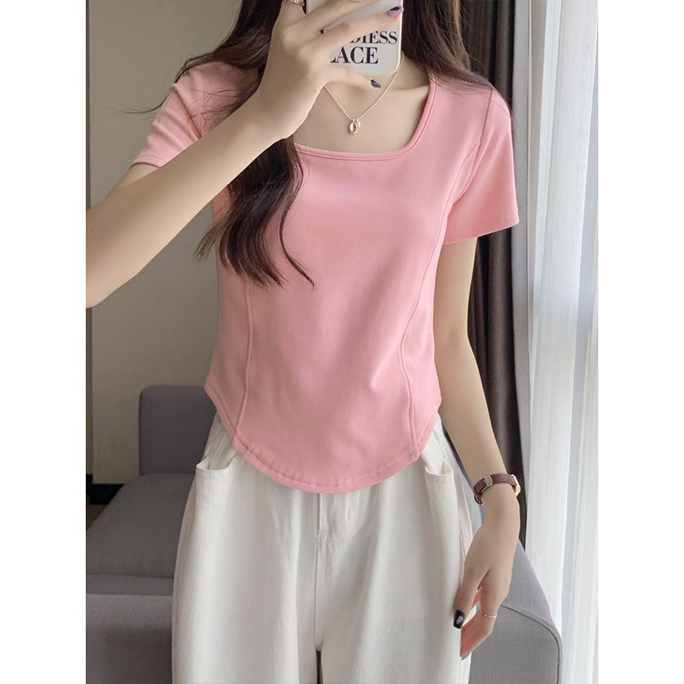 Suhao French square collar front shoulder pink short-sleeve t-shirt women s summer design sense niche pure desire hot girl fish bone short top kaos import wanita kaos wanita gaya korea lengan pendek kaos pendek perempuan