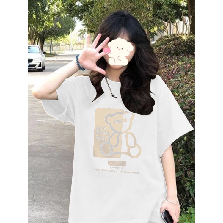 Suhao t-shirt trendy brand women s new 2023 summer shoulder short-sleeve design sense niche Hong Kong style chic top loose T-shirt kaos import wanita kaos wanita gaya korea lengan pendek kaos pendek perempuan