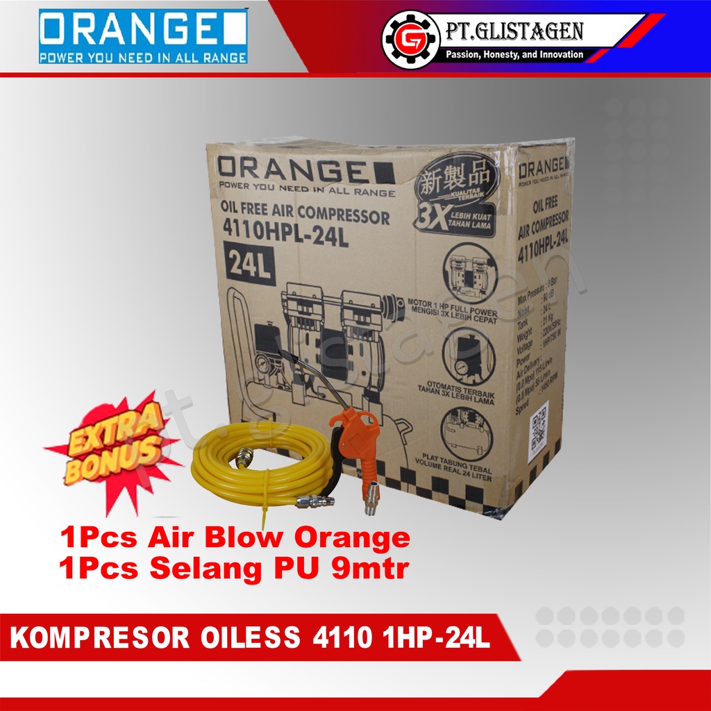 ORANGE 4110HPL-24L Mesin Kompresor Angin Listrik Oilles Silent 1HP 24L