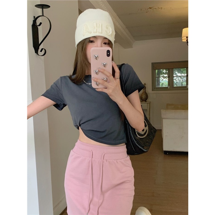 ❁Suhao kaos import wanita kaos wanita gaya korea lengan pendek kaos pendek perempuan American retro tie-dye short front shoulder slim simple round neck short-sleeve t-shirt women s summer high waist sweet hot girl top