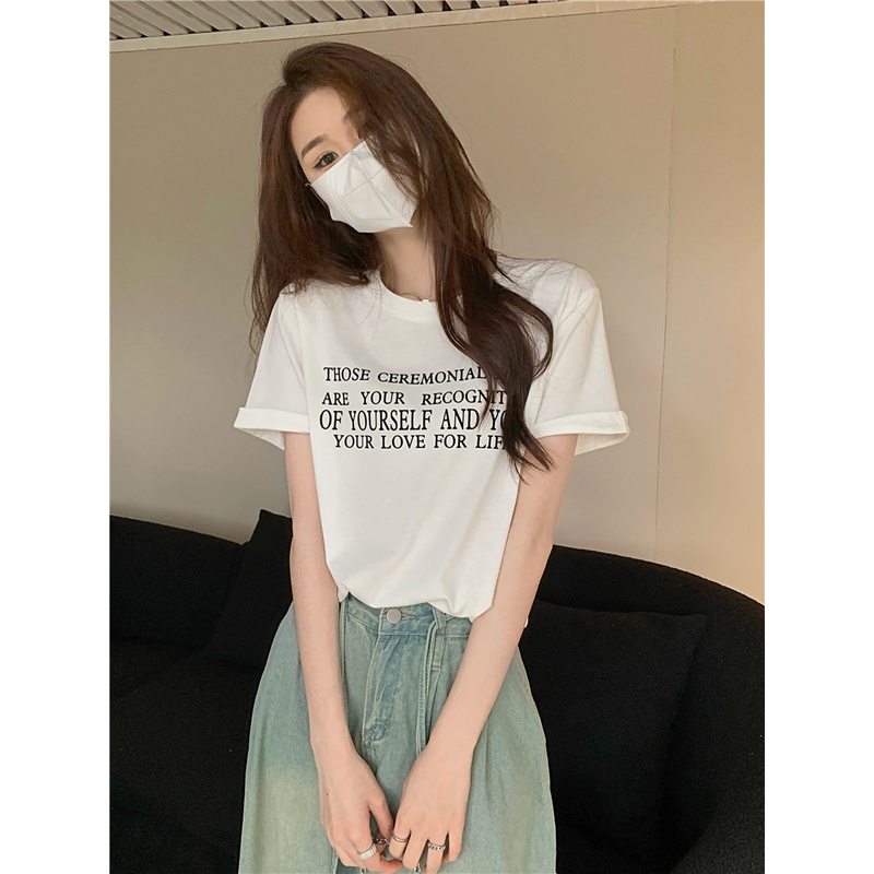 ►■¤Suhao kaos import wanita kaos wanita gaya korea lengan pendek kaos pendek perempuan American retro lengan pendek longgar t-shirt pasang merek wanita musim panas huruf desain rasa ceruk leher bulat bahu atas